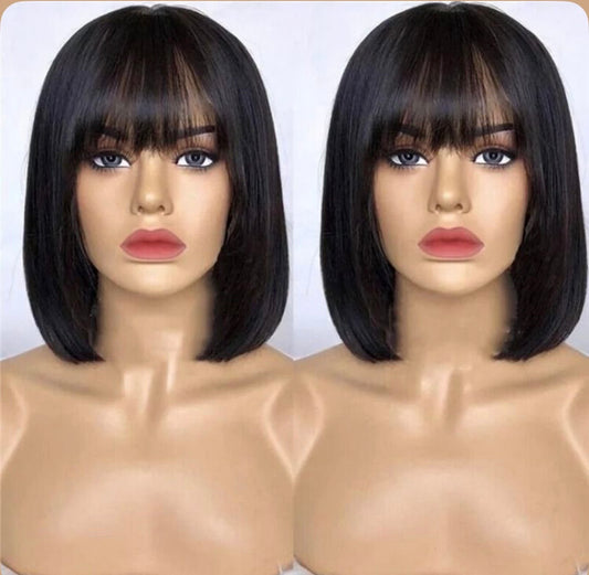 Short straight bob wig human hair with bangs 10 inch