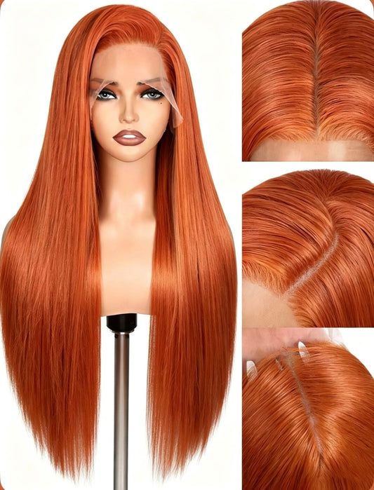 Dark orange long lace front wig (human blend) 32inch