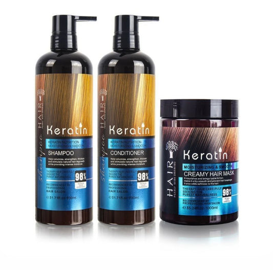 Keratin hair shampoo, conditioner and mask